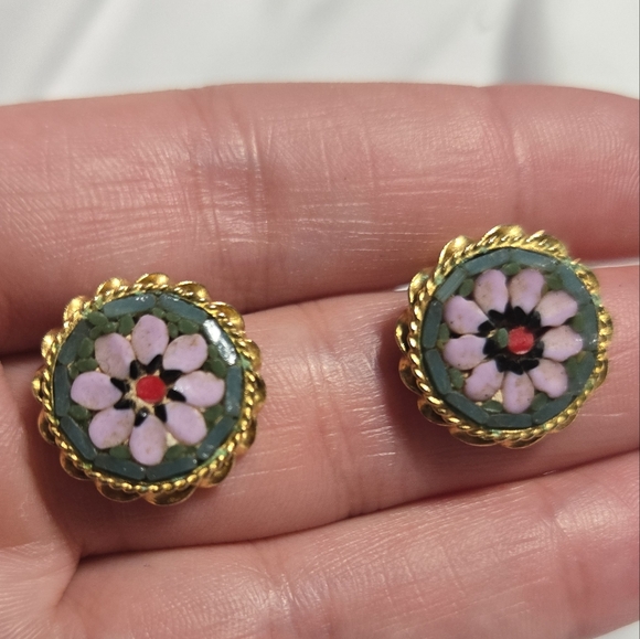 Floral Vintage Micro Mosaic Goldtone Clipon Earrings - Picture 6 of 6